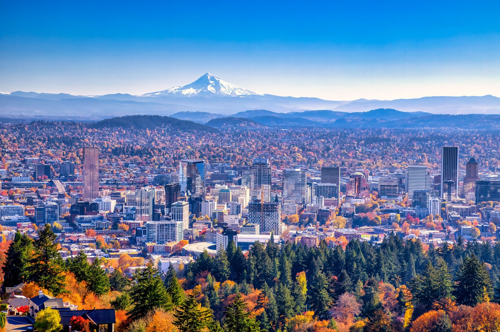 Portland Oregon skyline with Mt. Hood in Autumn